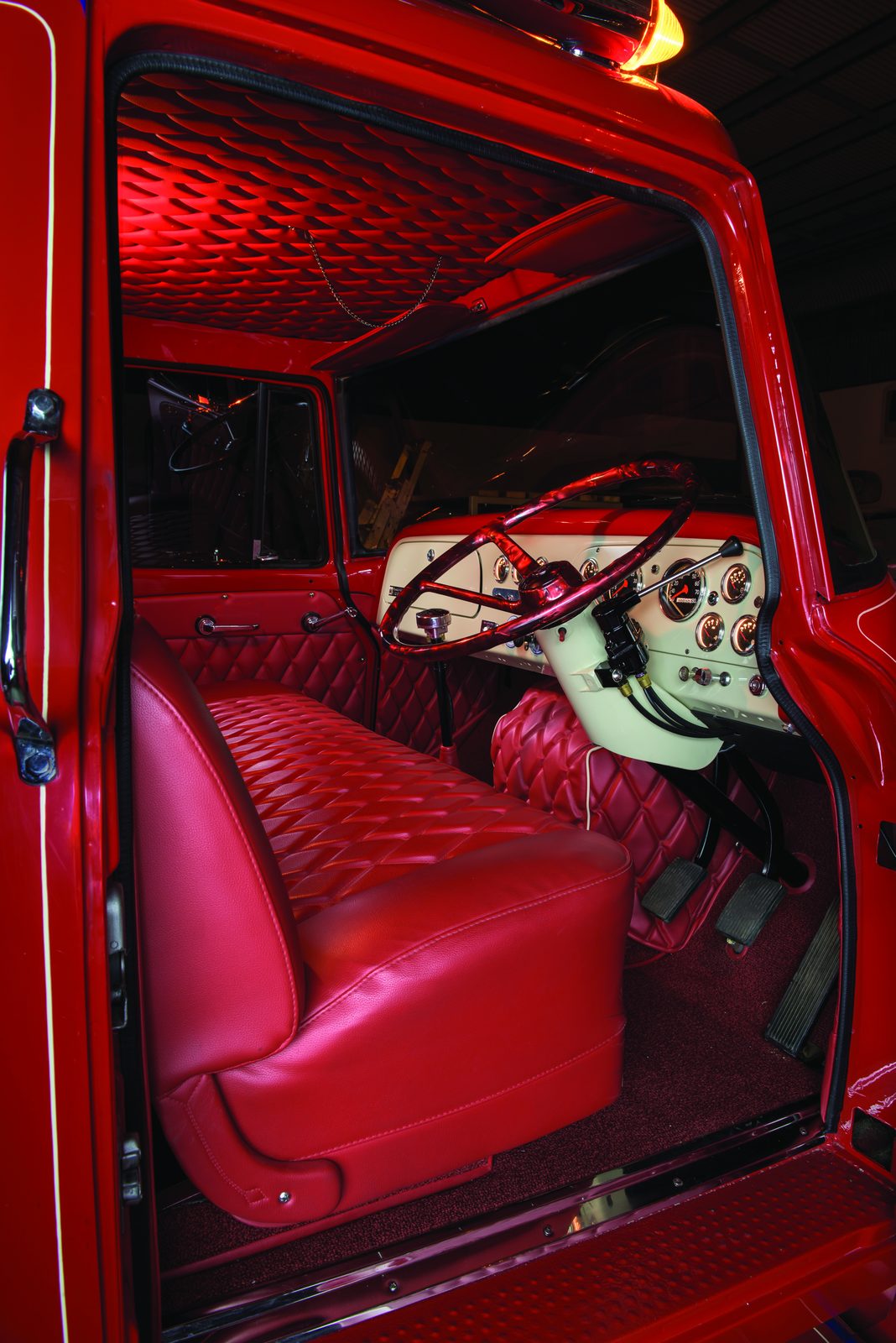 Custom red interior and steering wheel of Phil Ellbourn’s restored Loadstar