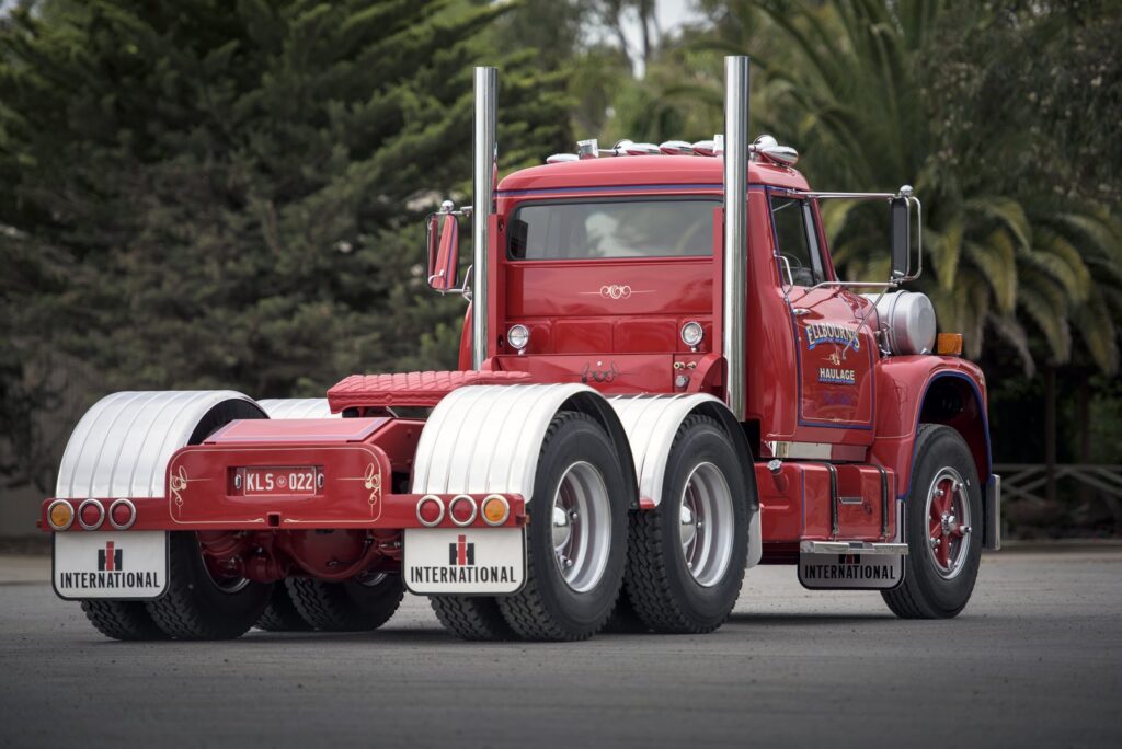 Phil Ellbourn’s restored red International Loadstar photographed from the rear quarter