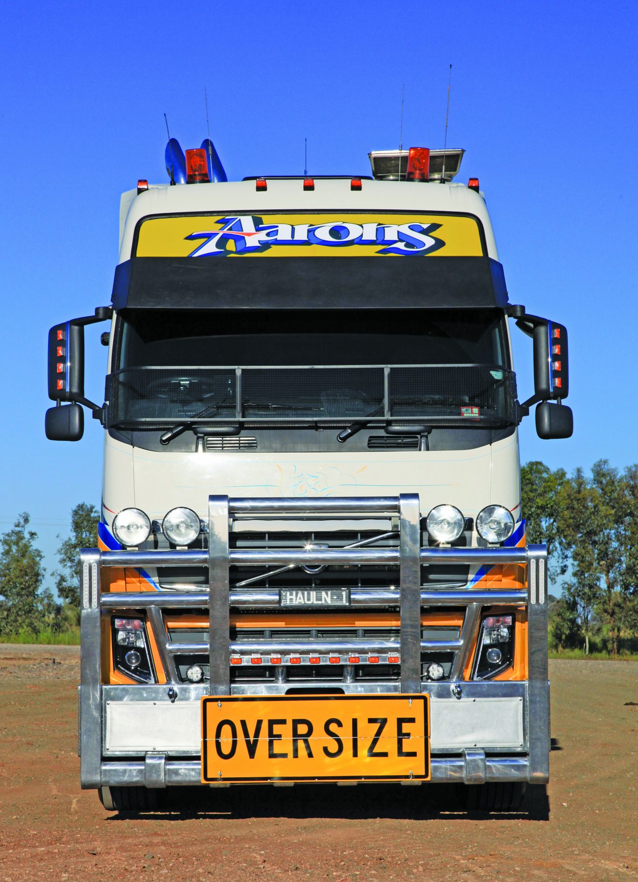 Front of Aaron’s customised Volvo FH16 with oversize sign