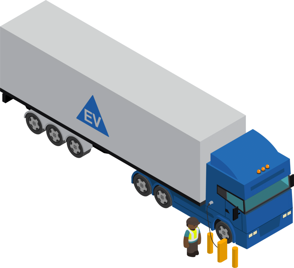 Toolkit illustration of an electric truck connected to a charger; not a photograph of an incident.